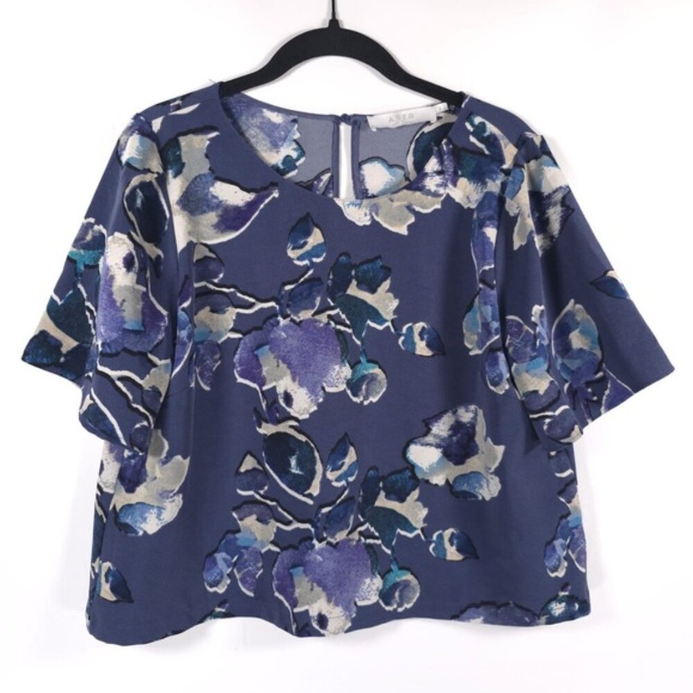 ASTR‎ THE LABEL Blue Floral Short Sleeve Top Style AT11994 Blouse MEDIUM